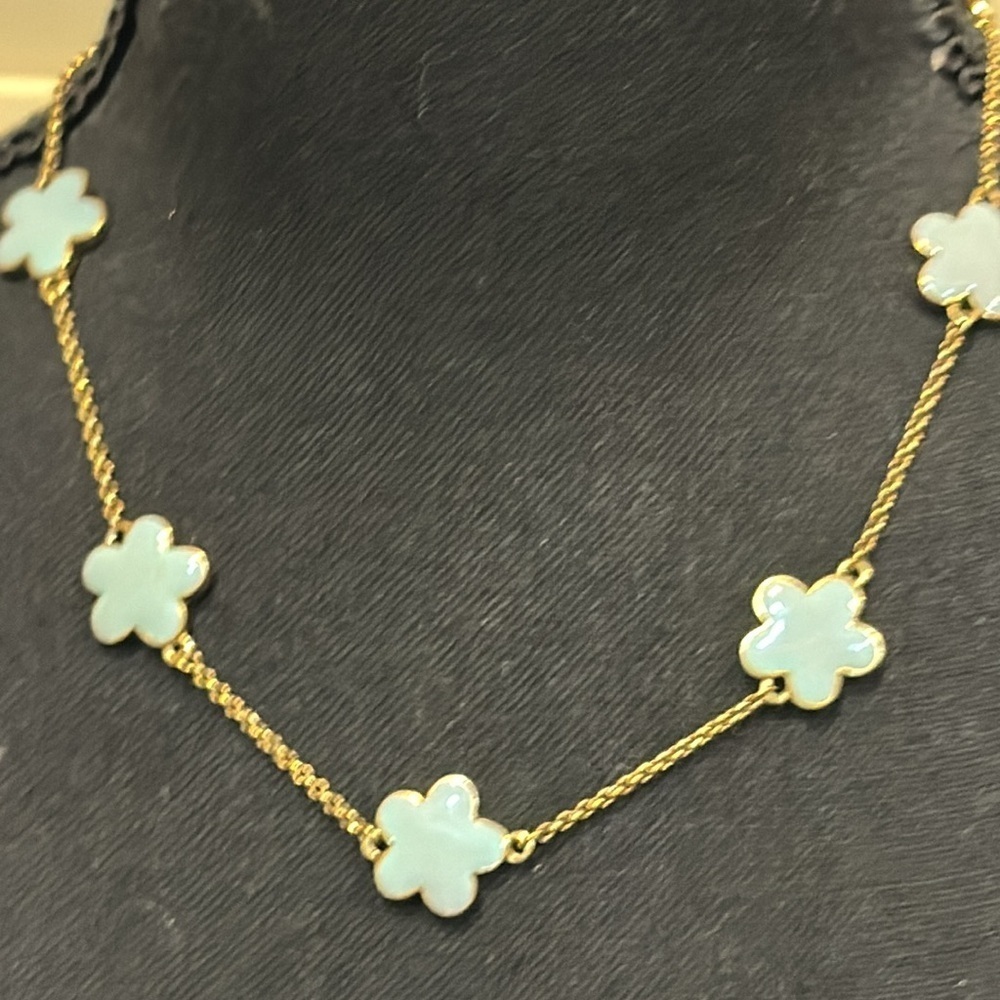Necklace – flower 14 karat gold plated mother of pearl blue signed KEP Designs